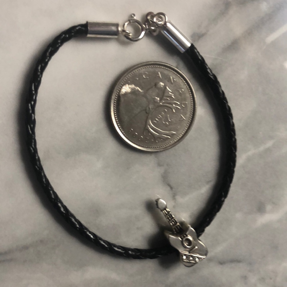 Guitar sterling‎ silver 925 charm bracelet black leather